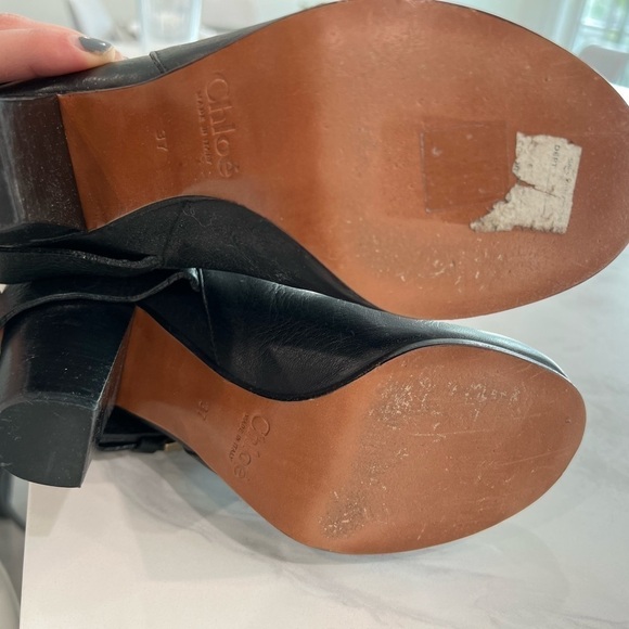 CHLOE mid calf black embossed leather round toe block heel moto boots size 37 - Picture 5 of 12